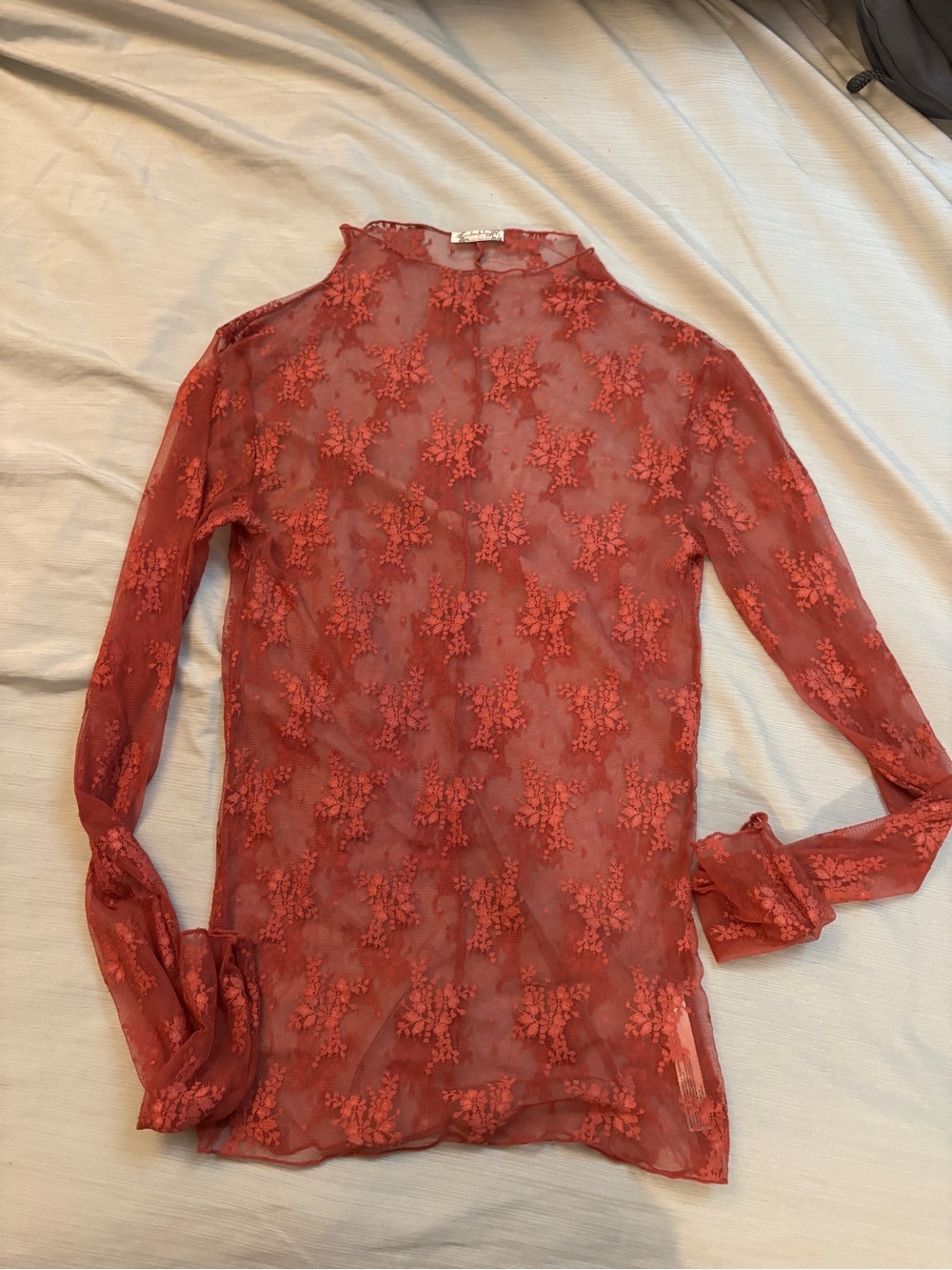 Sheer Red Floral Appliqué Long-Sleeve Top